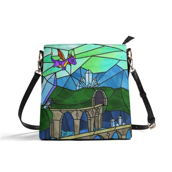 Stained Glass Gamer Dragon - Sunny Flight - Leather Bucket Shoulder Bag