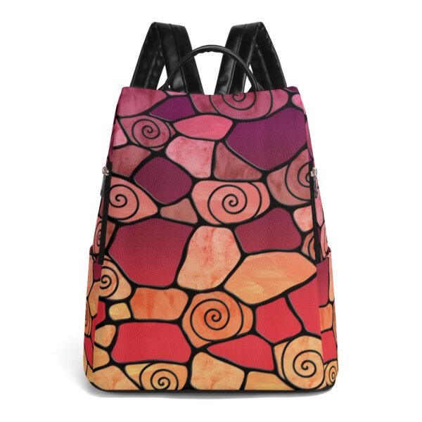 Stained Glass Swirl Cell Pattern - Maroon Orange Gradient - Leather Backpack