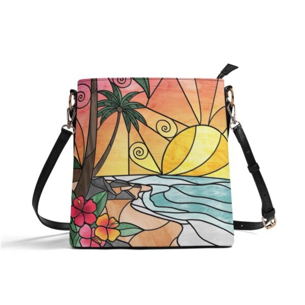 Stained Glass Tropical Sunset Beach - Leather Bucket Shoulder Bag