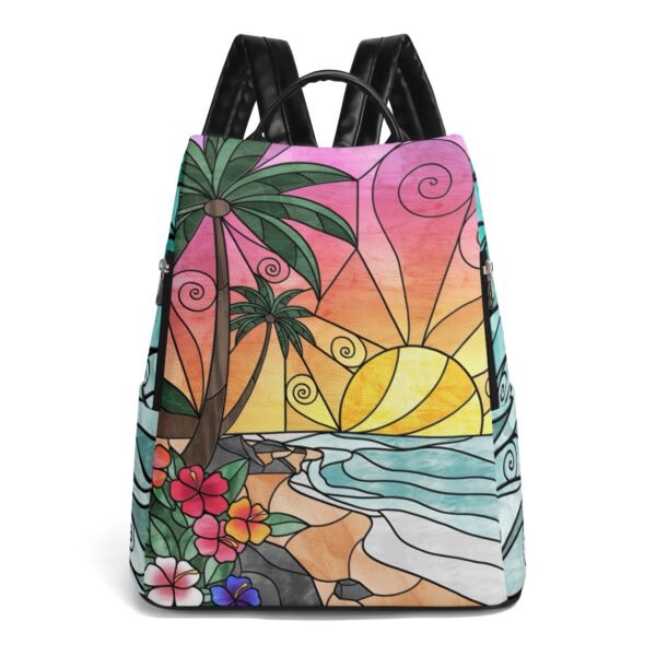 Stained Glass Tropical Sunset Beach - Leather Backpack