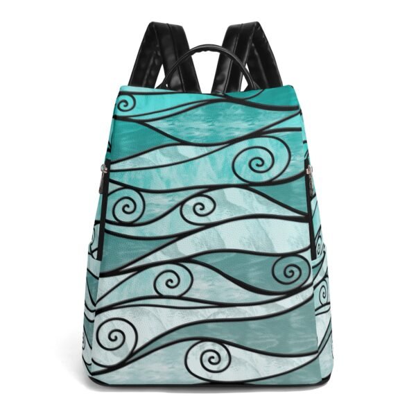 Stained Glass Swirl Wavy Pattern - Turquoise Gradient - Leather Backpack