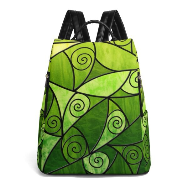 Stained Glass Swirl Curvy Pattern - Green Gradient - Leather Backpack