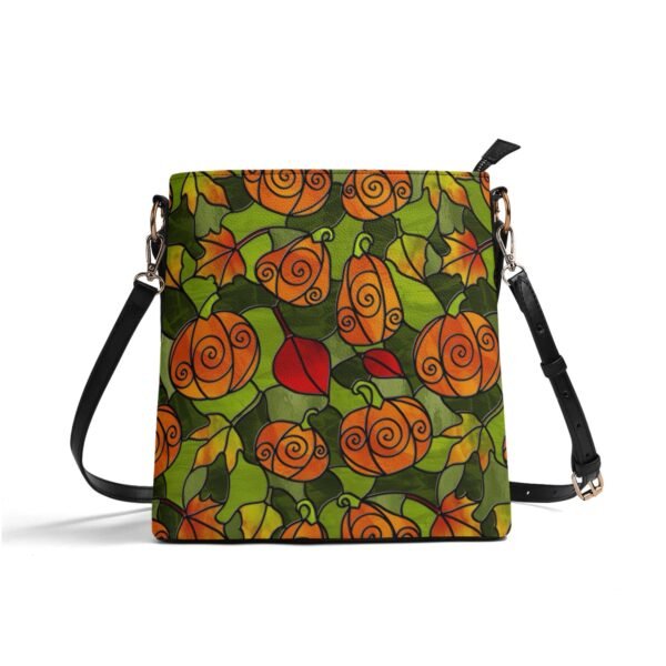Stained Glass Pumpkins & Autumn Leaves Pattern - Leather Bucket Shoulder Bag
