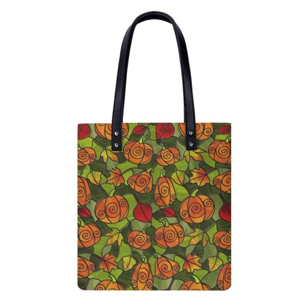Stained Glass Pumpkins & Autumn Leaves Pattern - Leather Shopping Handbag