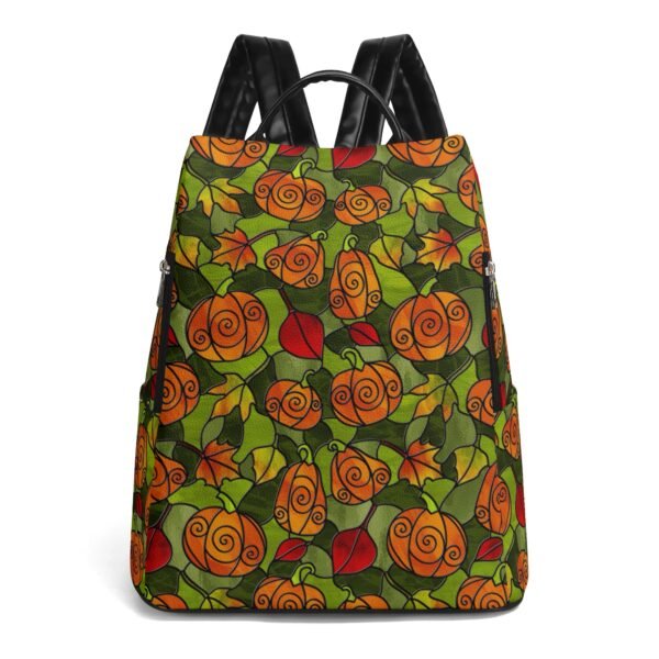 Stained Glass Pumpkins & Autumn Leaves Pattern - Leather Backpack