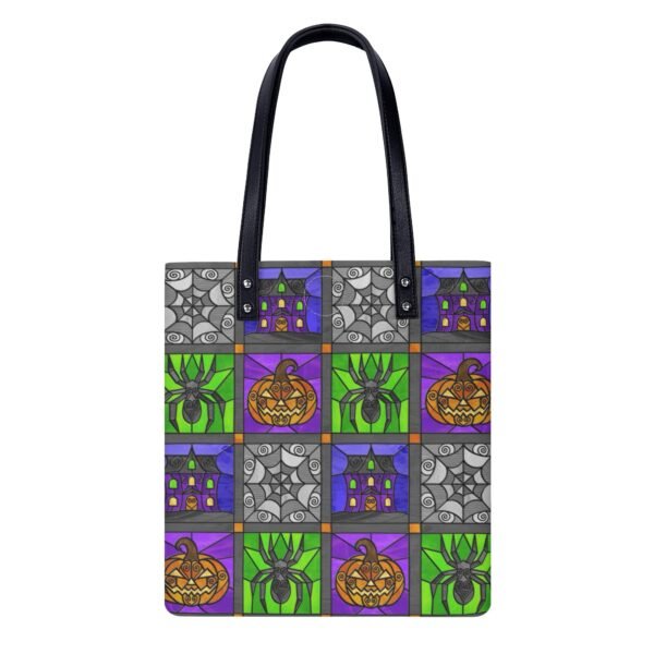 Stained Glass Halloween Quilt Pattern - Jack O’Lanterns, Spiders, Webs, & Haunted Houses - Leather Shopping Handbag
