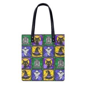 Stained Glass Halloween Quilt Pattern - Witch Hats, Cats, Ghosts, & Gravestones - Leather Shopping Handbag