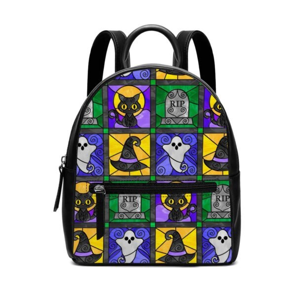 Stained Glass Halloween Quilt Pattern - Witch Hats, Cats, Ghosts, & Gravestones - Mini Leather Backpack