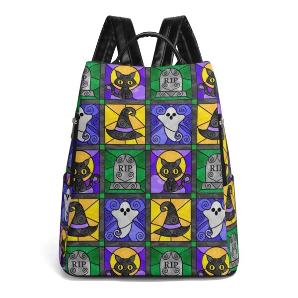 Stained Glass Halloween Quilt Pattern - Witch Hats, Cats, Ghosts, & Gravestones - Leather Backpack