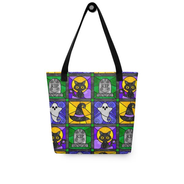 Stained Glass Halloween Quilt Pattern - Witch Hats, Cats, Ghosts, & Gravestones - Tote Bag